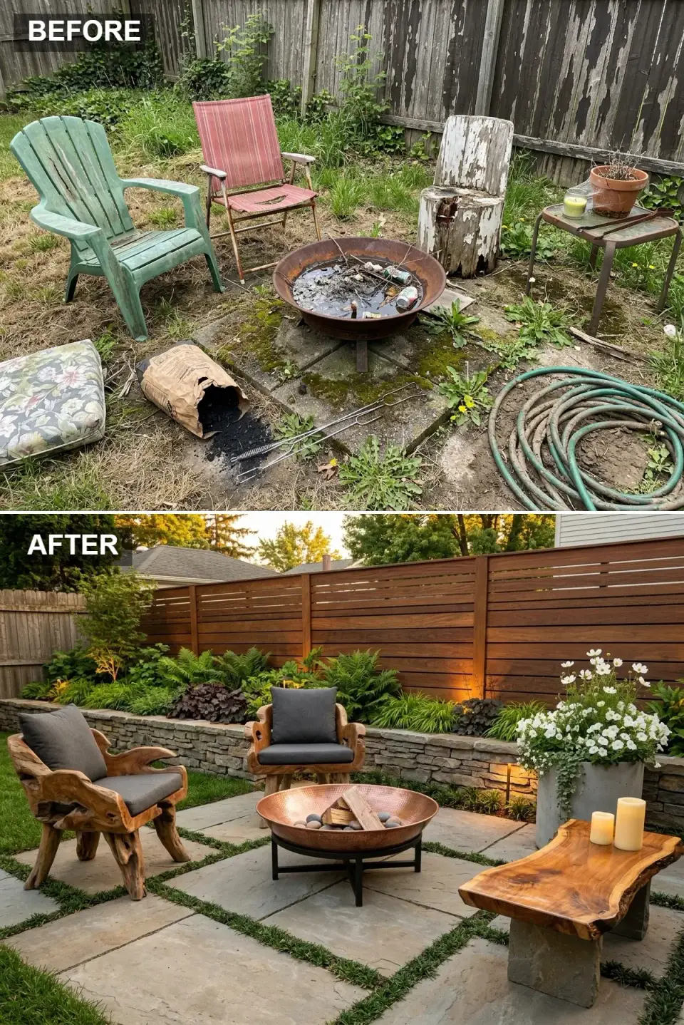 Hand-carved root chairs and copper fire bowl on a bluestone patio with stacked stone wall