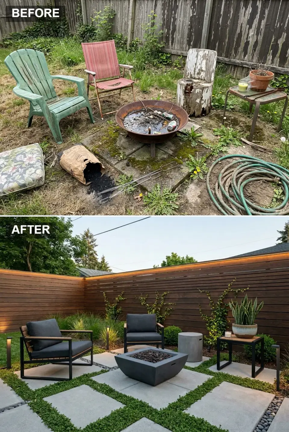Modern patio with concrete pavers, horizontal cedar fence, and square concrete fire bowl