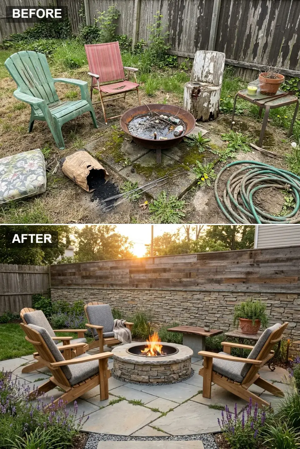Stacked stone fire pit with cedar Adirondack chairs on a bluestone patio at dusk