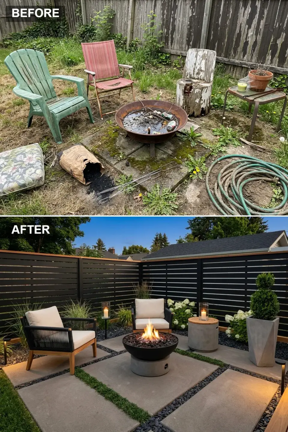 Moody patio with black slat fence, concrete pavers, and a black concrete fire bowl