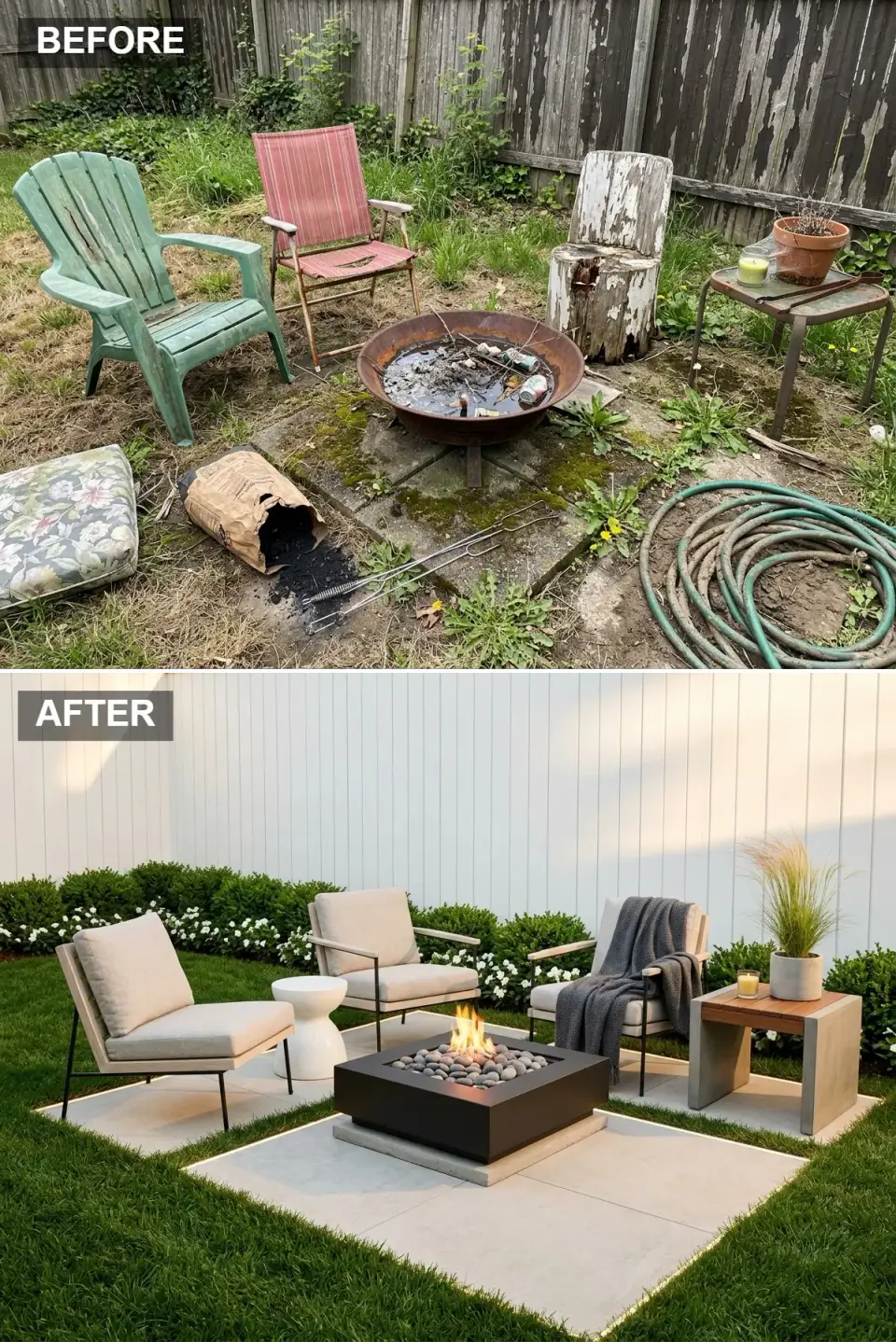 Scandinavian patio with white fence, pale concrete slabs, and a black rectangular fire pit