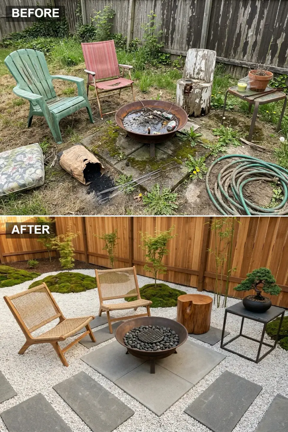 Japanese-style gravel courtyard with bluestone pads, moss mounds, and a copper fire bowl