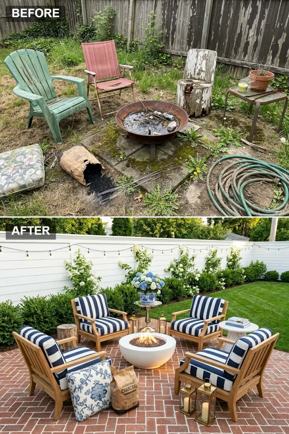 Coastal patio with navy-striped teak chairs, white fire bowl, and hydrangeas on herringbone brick