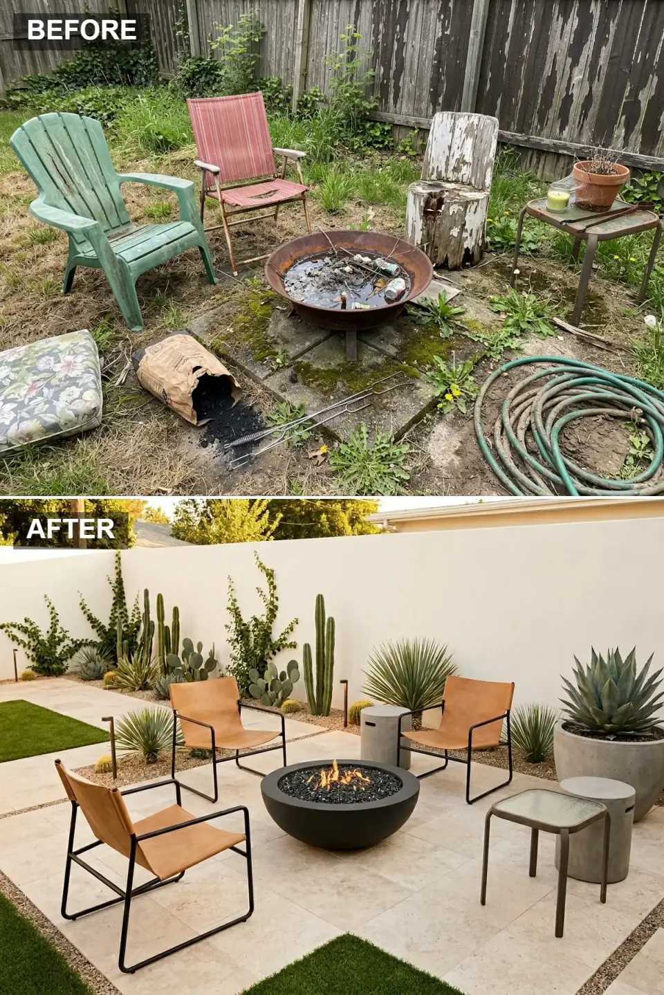 Travertine patio with caramel sling chairs, black hemisphere fire pit, and desert plantings