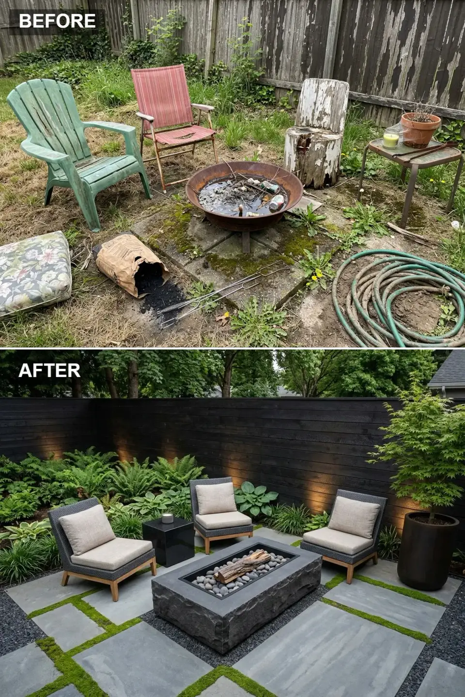 Black-stained fence with uplit ferns, bluestone patio, wicker chairs, and a stone fire pit