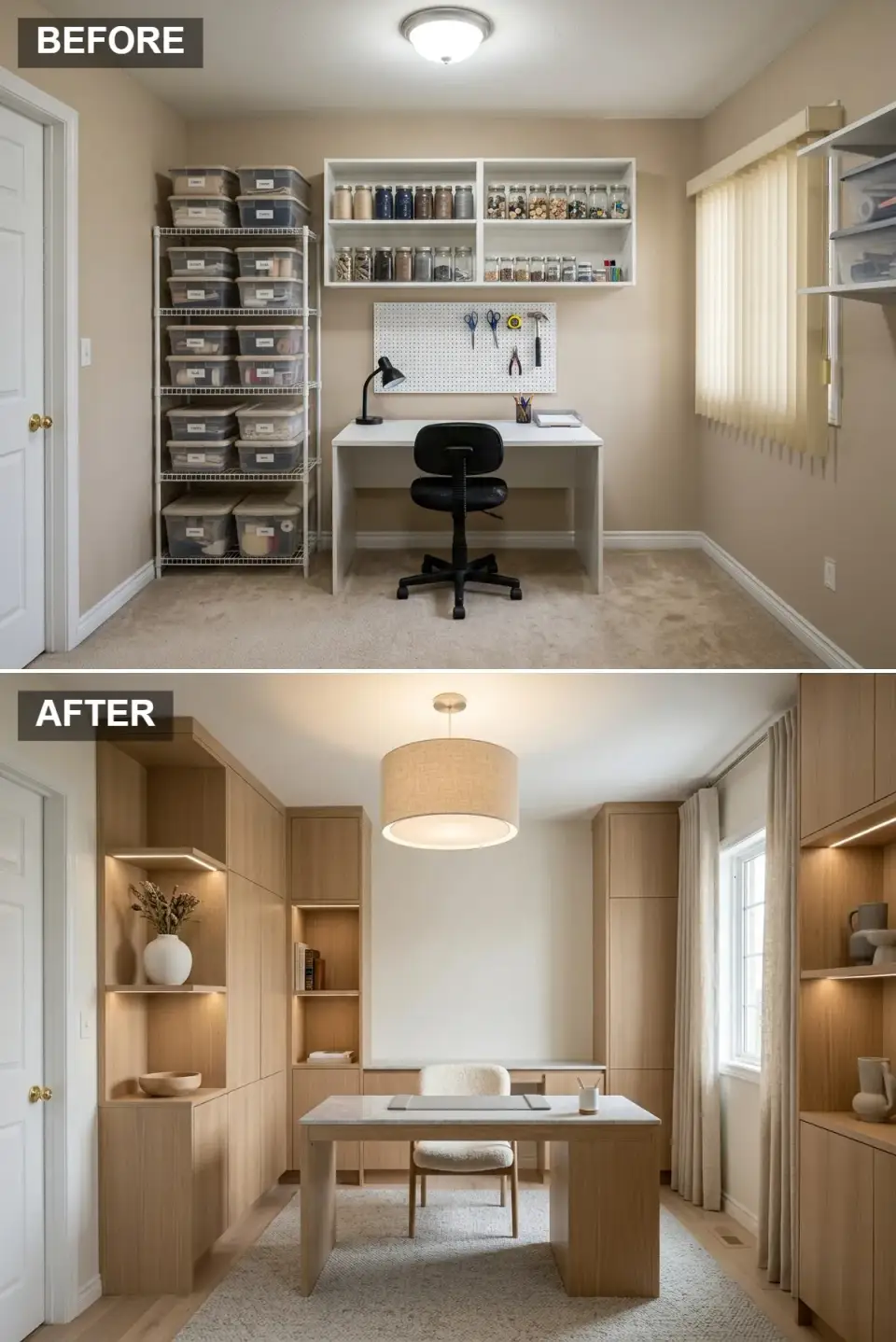 Scandinavian home office transformation with floor-to-ceiling bleached oak built-ins, push-latch cabinet doors, LED-lit open cubbies displaying ceramic vessels and books, thick oak worktable with stone-inspired top centered in the room, sculptural linen drum pendant, sheer curtains, boucle seating, tonal area rug on light hardwood