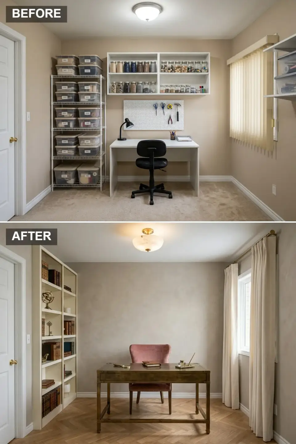 Heritage campaign home office study with light oak herringbone hardwood flooring, white built-in bookcase with leather volumes and antique globes, vintage-inspired campaign desk in aged brass and dark olive-brown wood with corner brackets and leather writing surface, dusty rose velvet wingback chair, warm greige walls, alabaster flush mount, pooling ivory curtains