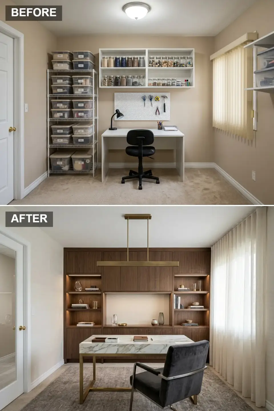 Executive walnut boardroom home office with full wall of rich walnut built-ins with closed storage open display niches with integrated lighting and central recessed desk alcove, Calacatta marble desk with brass frame, graphite velvet and leather armchair with polished metal arms, linear brass pendant, muted grey area rug, light hardwood, sheer curtains