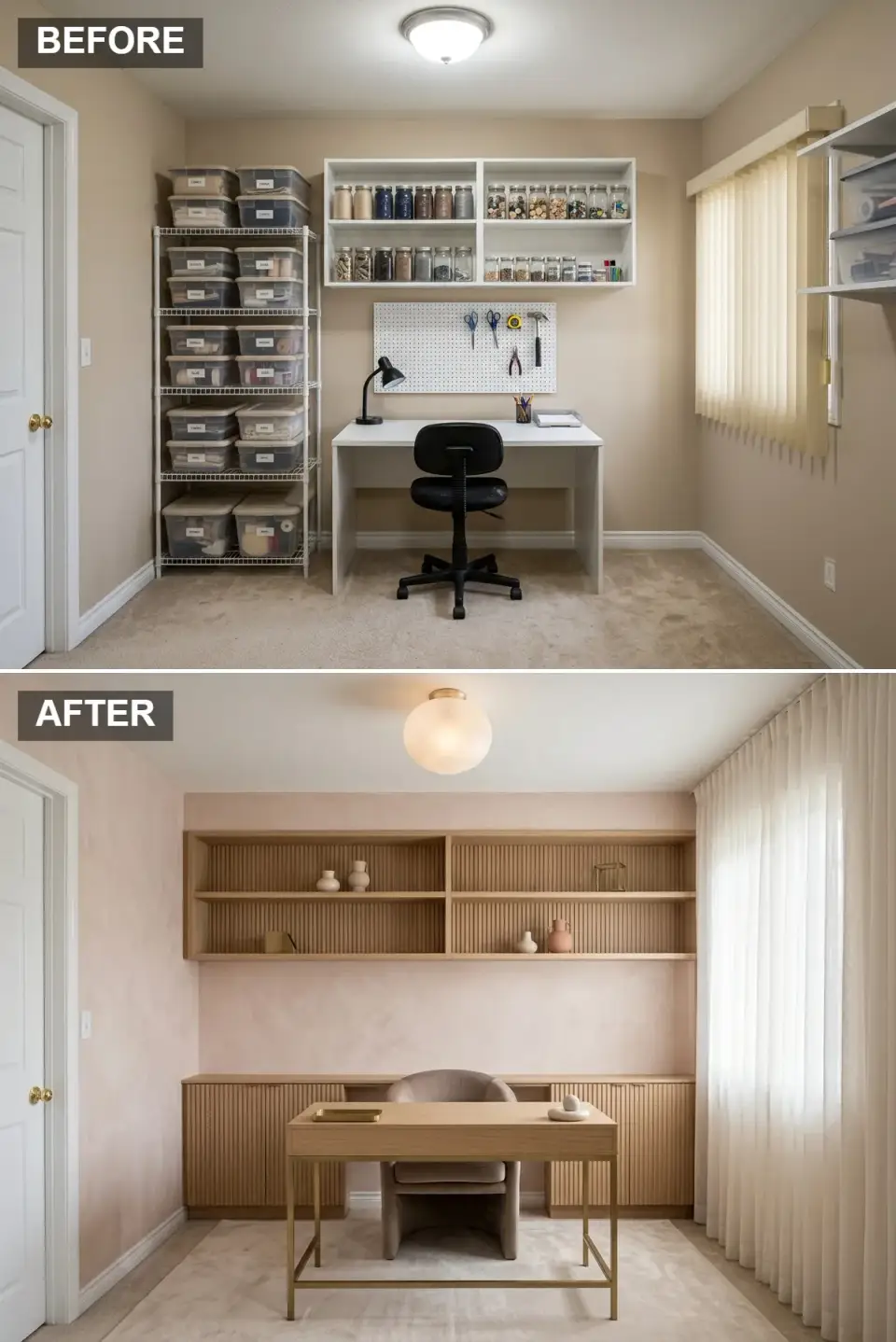 Blush feminine home office with pale blush plaster walls, light oak built-ins with reeded fluted wood facing on lower cabinets and upper open shelves, simple oak desk with slim brass frame, brass tray and neutral ceramics styling, rounded taupe velvet armchair, opal glass globe flush mount with brass base, ivory sheer curtains, light textured rug