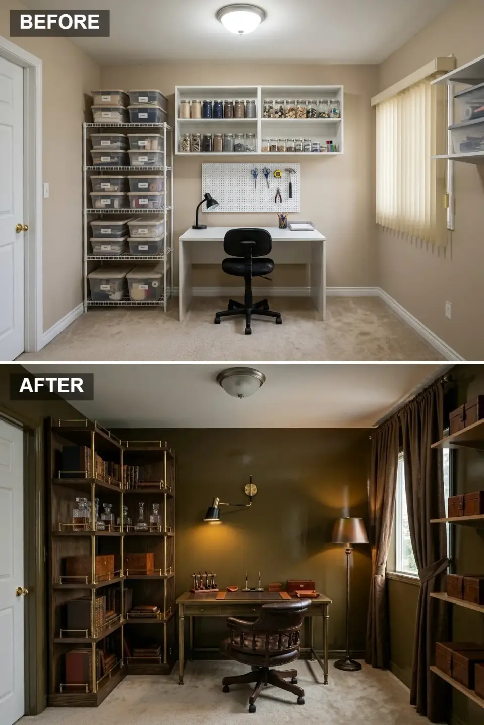 Traditional olive library home office with deep olive-brown walls, two open dark walnut etageres with brass fittings displaying leather-bound books crystal decanters and wooden boxes, traditional desk with turned legs and tooled leather top, brown leather captains chair with nailhead trim and casters, brass swing-arm sconce, brown silk shaded floor lamp, chocolate velvet curtains, neutral carpet