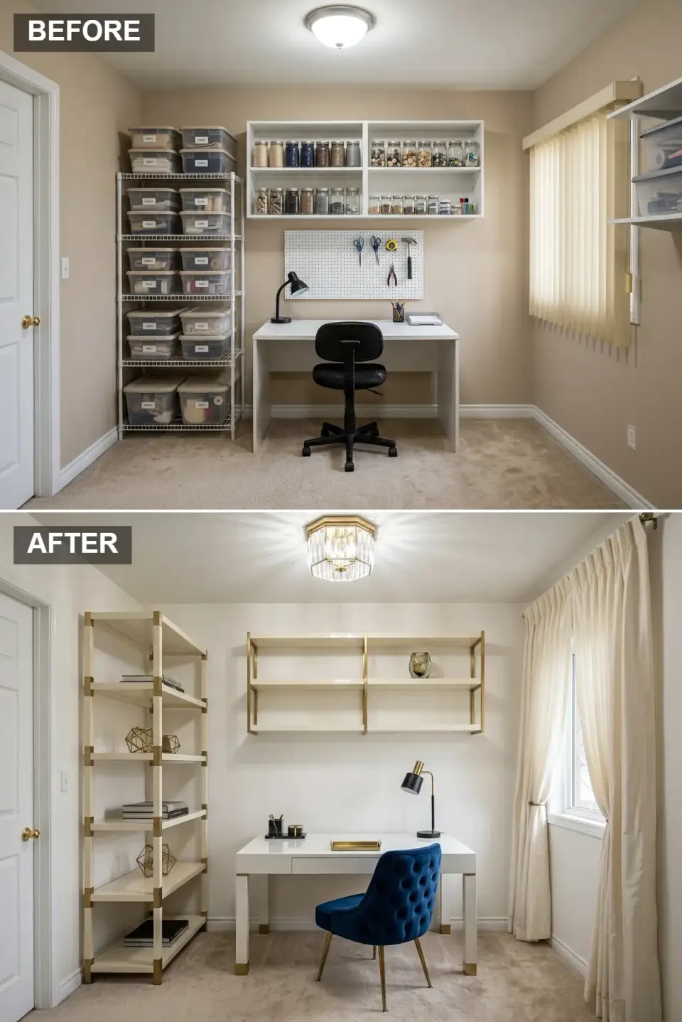 Hollywood Regency home office with crisp white walls, ivory lacquered etagere with brass corner brackets, glossy white desk with brass-capped feet, royal blue tufted velvet chair, faceted crystal flush mount, floor-to-ceiling ivory drapes, geometric brass accessories, black-and-gold task lamp