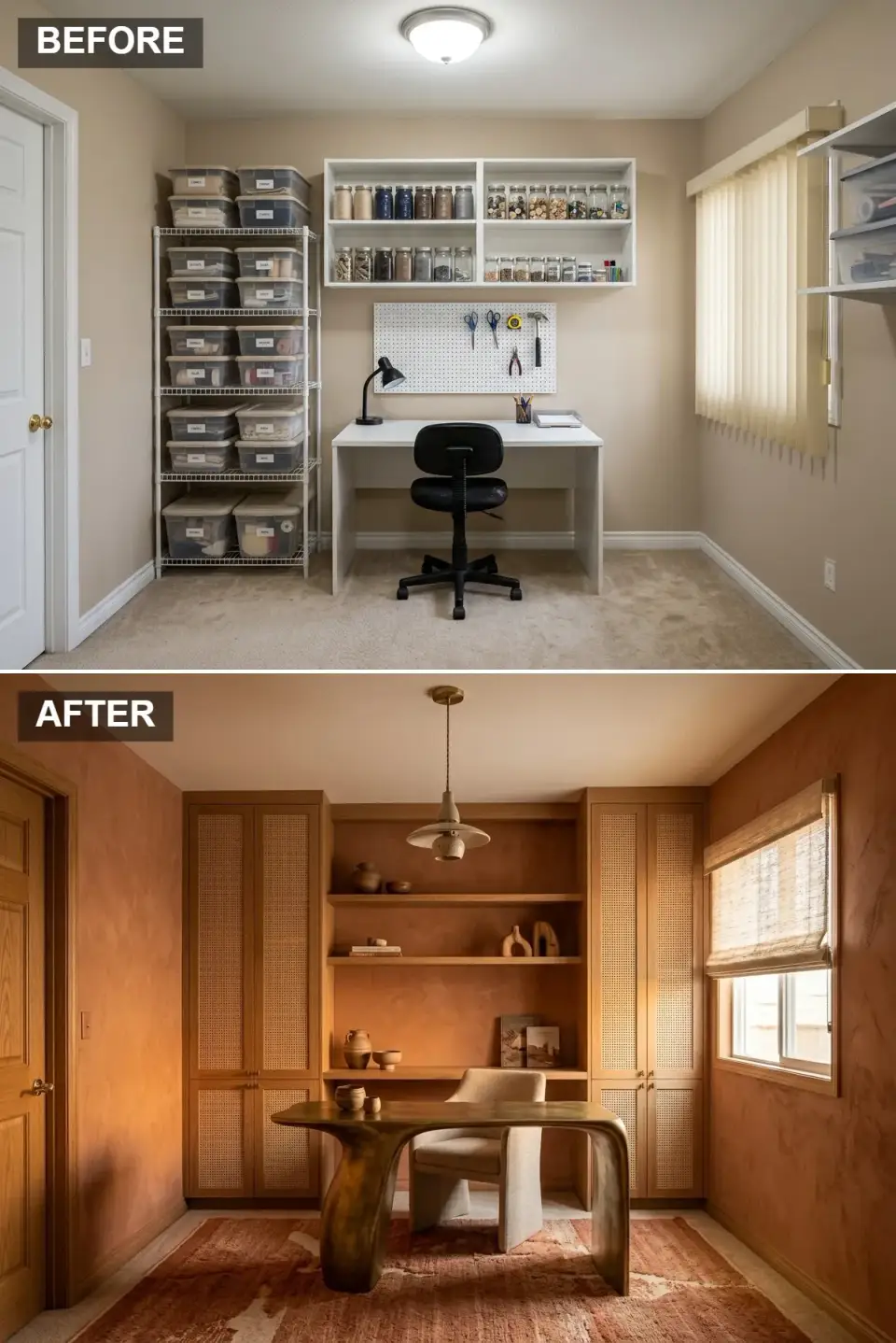 Terracotta home office sanctuary with rich terracotta plaster walls and ceiling, oak built-ins with cane-webbing cabinet doors, open shelves displaying handcrafted pottery, sculptural curvilinear aged bronze desk with organic legs, ceramic pendant light, vintage-wash rust rug, woven wood shades
