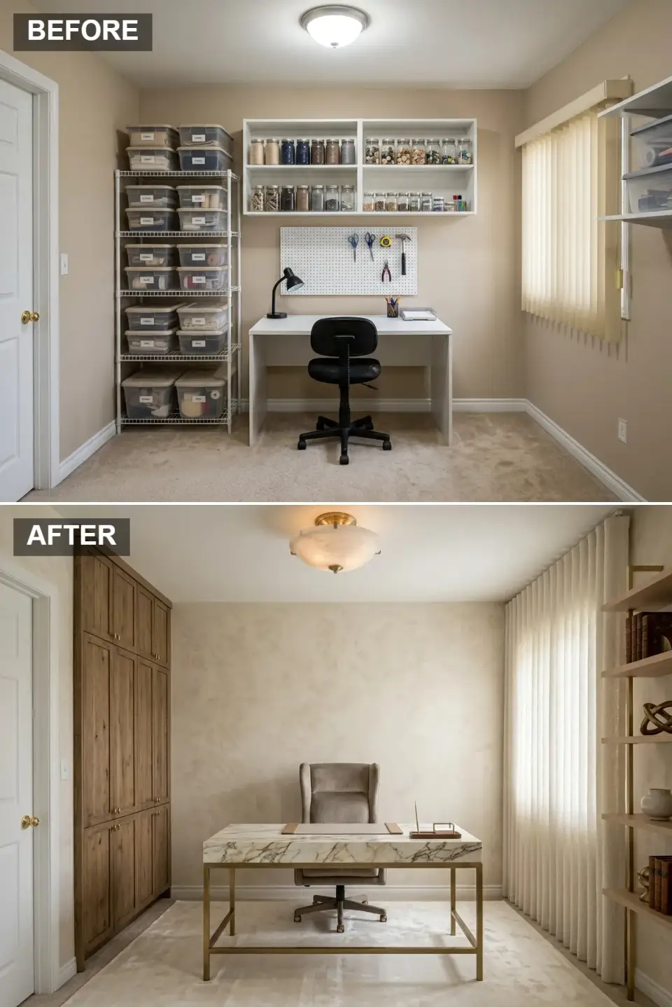 Classic executive home office with cloudy plaster walls, full-height weathered walnut cabinetry, thick Calacatta marble desk with brass frame, high-back taupe leather executive chair, alabaster and brass flush mount, sheer flowing curtains, hide-style rug, floating shelf unit