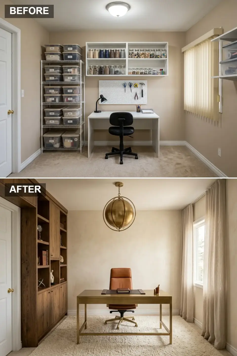 Mid-century brass and leather home office with dark walnut built-ins with open display nooks and closed lower cabinets, substantial brass desk with architectural lines, cognac leather executive chair, sculptural brass orb chandelier, thick ivory shag rug, creamy plaster walls, soft linen curtains