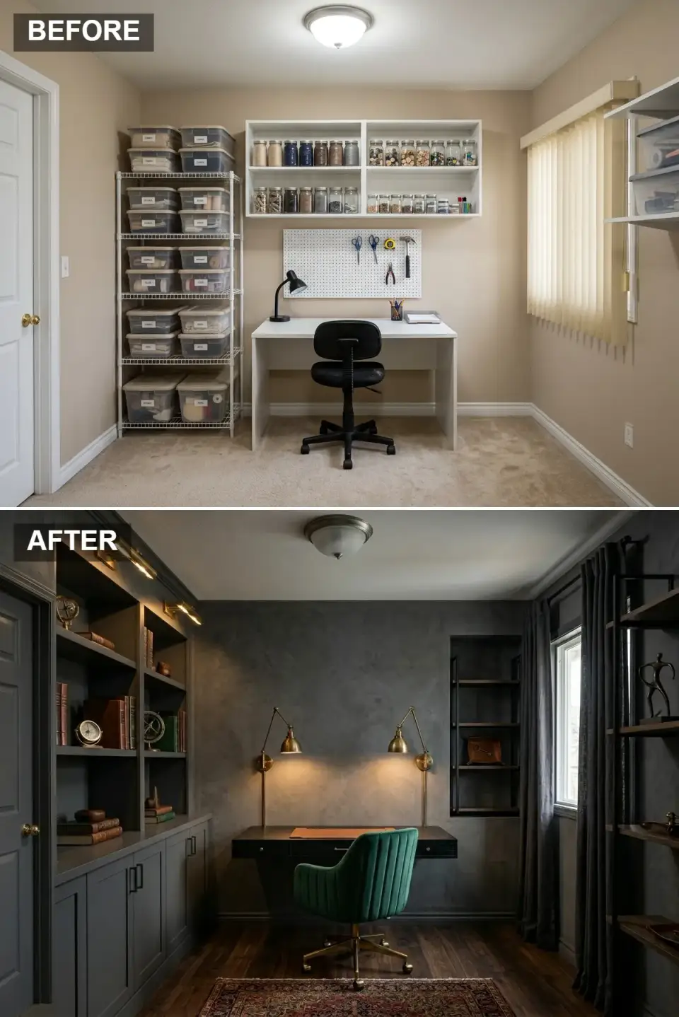 Moody library home office with deep charcoal slate paint on walls trim and built-ins, wall-mounted desk console flanked by brass swing-arm sconces, channel-tufted emerald velvet chair, floor-to-ceiling shelving with brass picture lights, dark hardwood flooring, vintage Persian rug in red and gold, charcoal drapery
