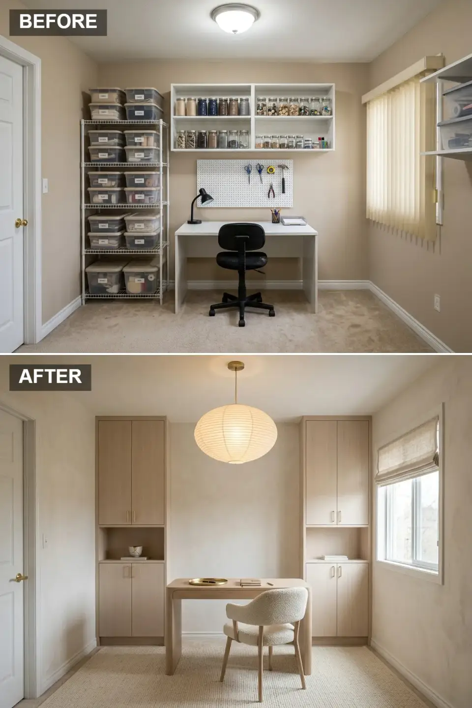 Zen minimalist Japandi home office with matching pale oak built-in towers flanking back wall with touch-latch upper cabinets, simple oak desk with rounded edges, cream boucle chair, rice-paper white walls and ceiling, large paper lantern pendant, natural jute rug, pale wood flooring, linen Roman shade