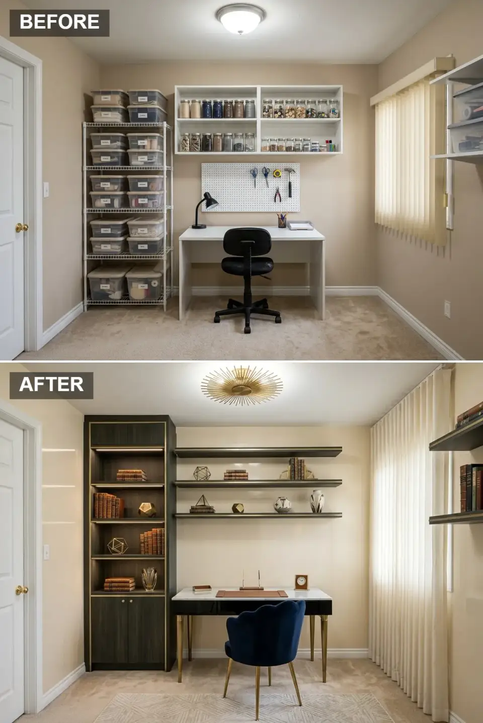 Art Deco midnight home office with matte black built-in unit with brass trim and integrated LED lighting, floating black shelves with brass brackets, crisp white stone desk top with black lacquered apron and tapered brass legs, navy velvet chair with scalloped back, brass starburst flush mount, ivory geometric rug, sheer curtains