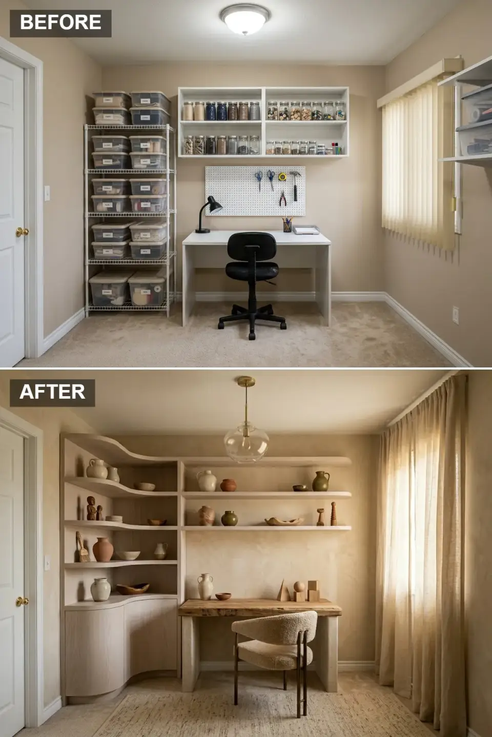 Wabi-sabi organic home office with built-in unit with undulating sculpted shelves and curved base cabinetry in warm plaster white, displayed pottery in terracotta olive and cream, rustic live-edge oak desk with substantial legs, boucle chair on dark iron frame, clear glass globe pendant with brass hardware, warm beige plaster walls, natural woven rug, sheer linen curtains