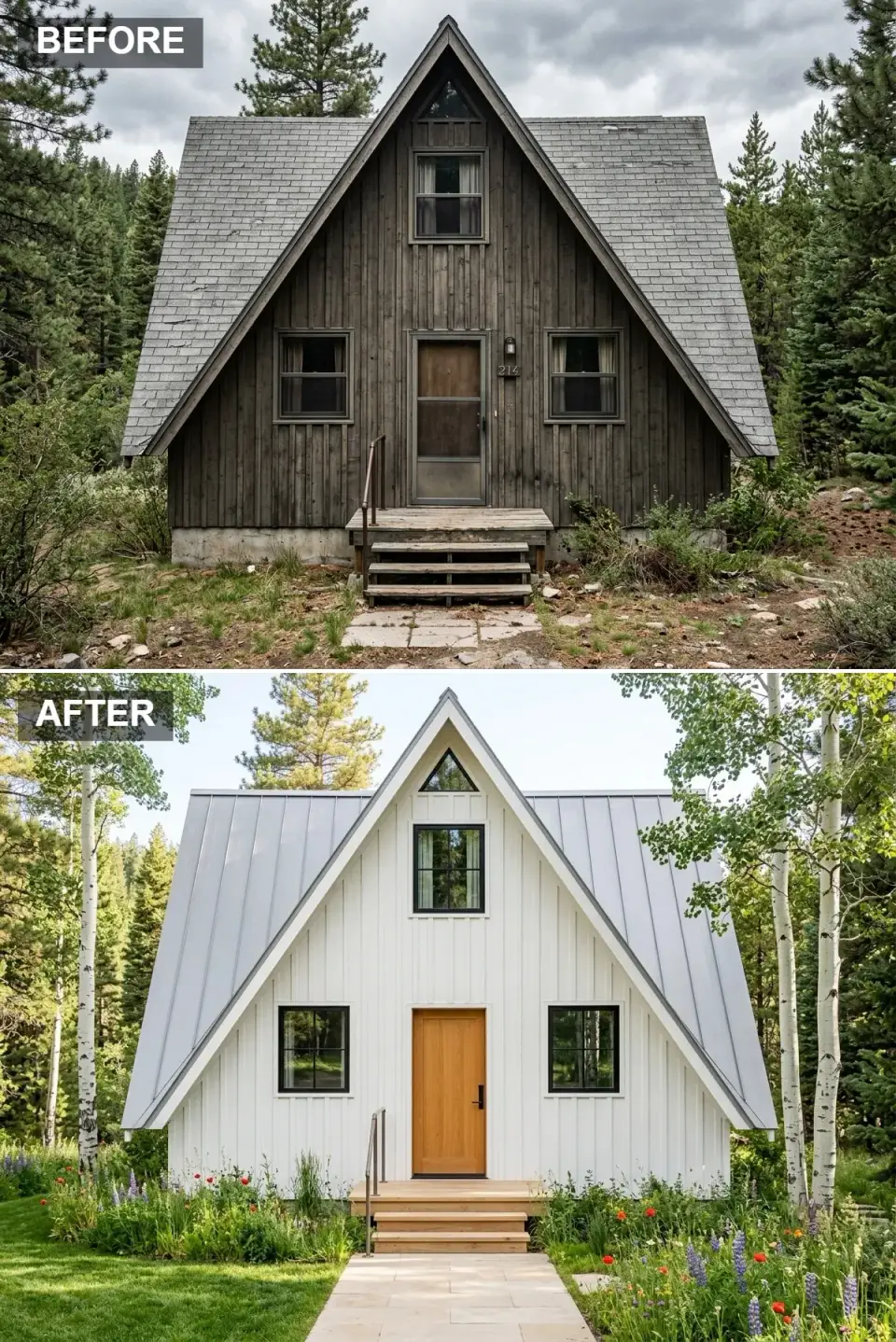 A-frame cabin exterior makeover with crisp alpine white vertical siding, light standing-seam metal roof, black window frames, warm cedar door, and a wildflower meadow garden along a light stone walkway