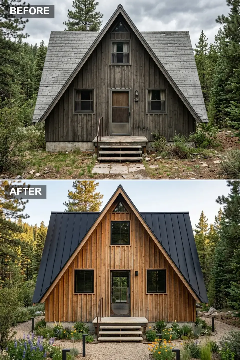 A-frame cabin exterior with light sun-bleached cedar siding, dark charcoal metal roof, black window frames, lupine and wildflower entry path in warm gravel, and slim black bollard lights