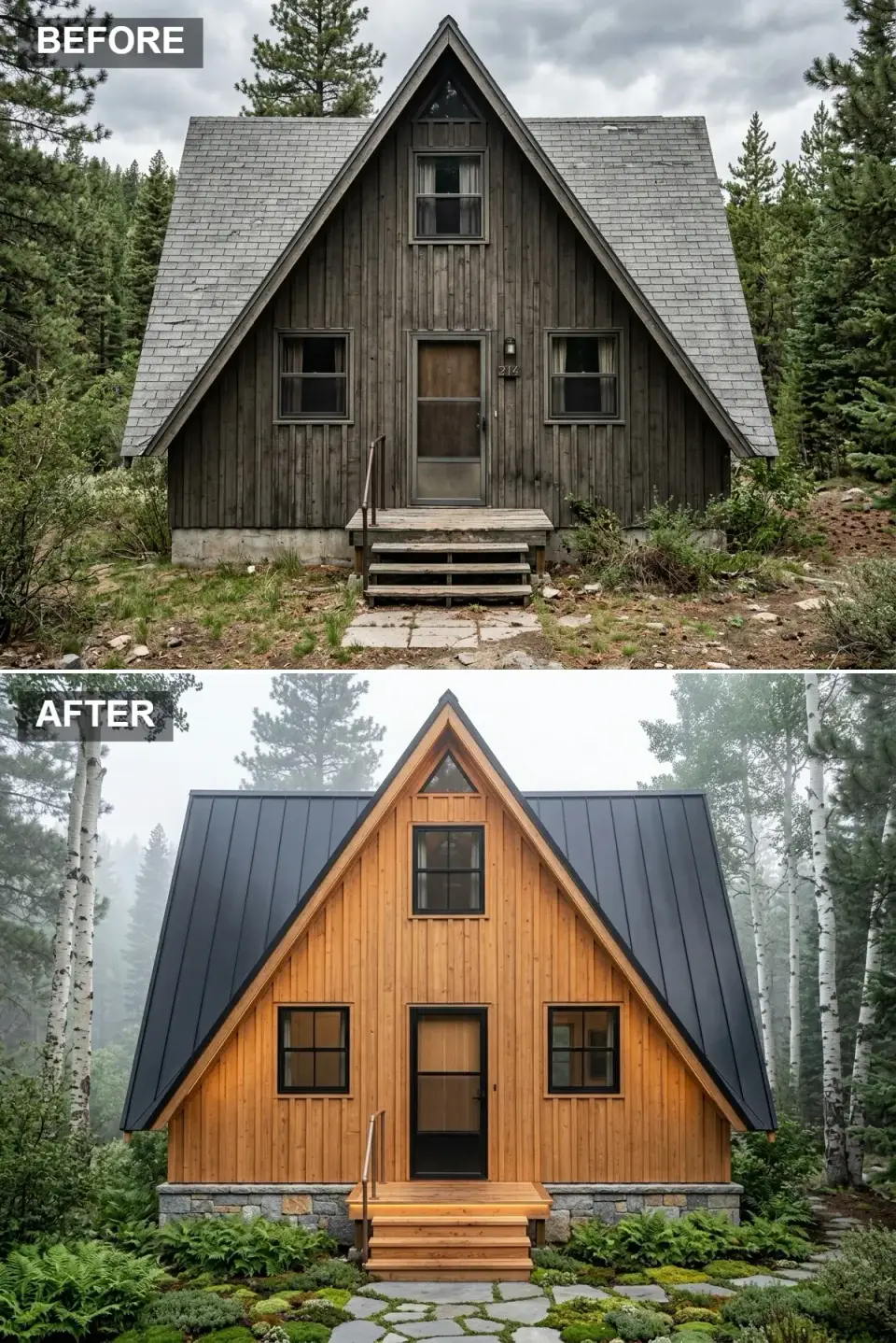 A-frame cabin in foggy forest with warm amber cedar siding, blue-gray metal roof, rugged granite foundation, irregular flagstone path with moss in the joints, dense ferns, and birch trees