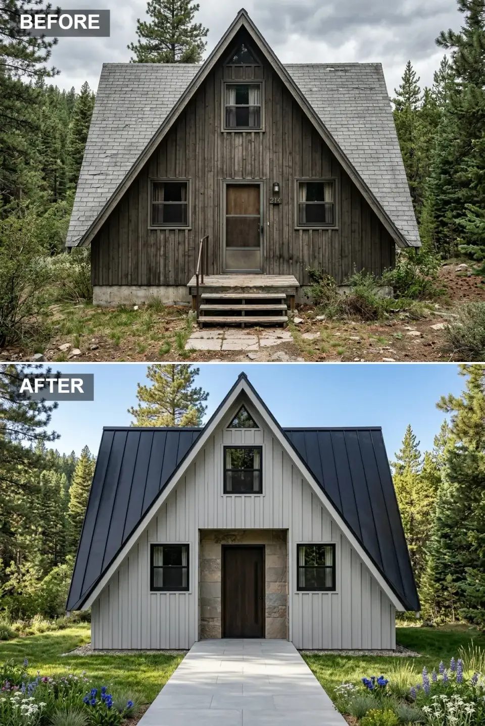A-frame cabin in soft dove-gray board-and-batten with dark metal roof, full stone door surround, deep walnut entry door, wide concrete walkway, and English-garden-style beds of lavender, salvia, and allium