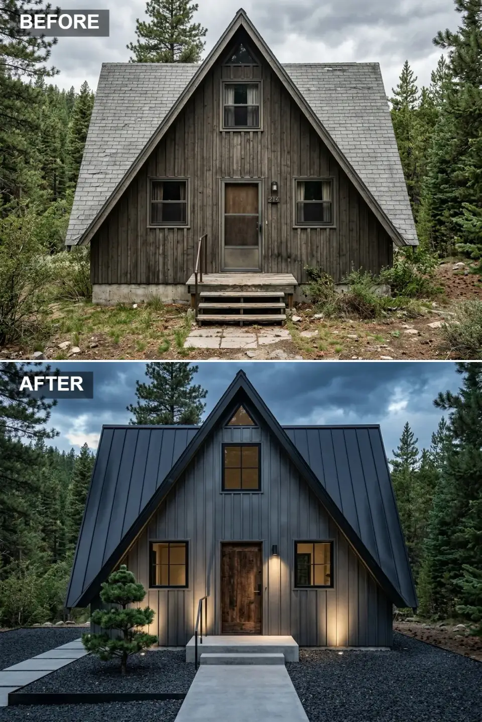 A-frame cabin exterior in deep graphite vertical siding with near-black standing-seam roof, heavily textured reclaimed wood door, single sculptural pine, large-format concrete pavers, black volcanic gravel landscape, and dramatic facade uplighting