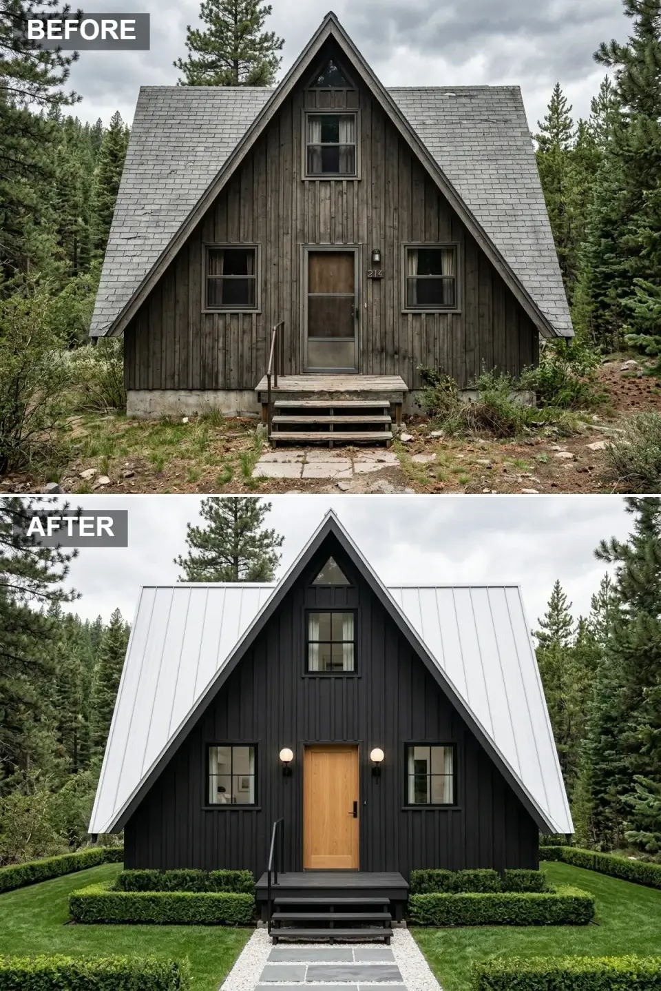 A-frame cabin exterior with matte black vertical siding, bright white standing-seam metal roof, natural oak door, symmetrical globe sconces, and clipped boxwood parterres in white gravel