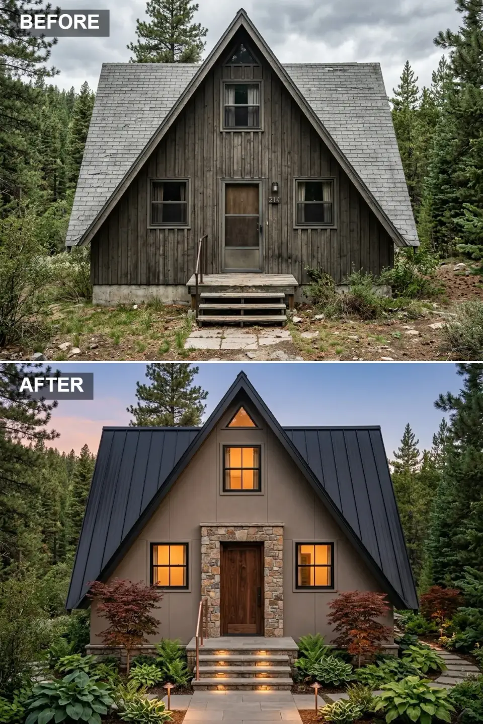 A-frame cabin exterior in warm taupe siding with dark charcoal standing-seam roof, full-height fieldstone surround at the entry, deep walnut door, integrated LED step lights, Japanese maples, hostas, and bluestone path