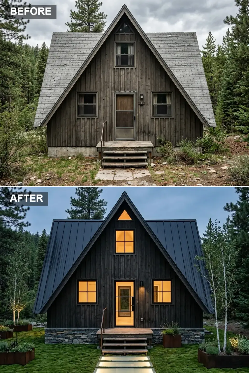 A-frame cabin exterior with dark-stained vertical cedar siding, matte black metal roof, dry-stone foundation, Corten steel planters, moss ground cover, and a glass front door glowing warm at dusk