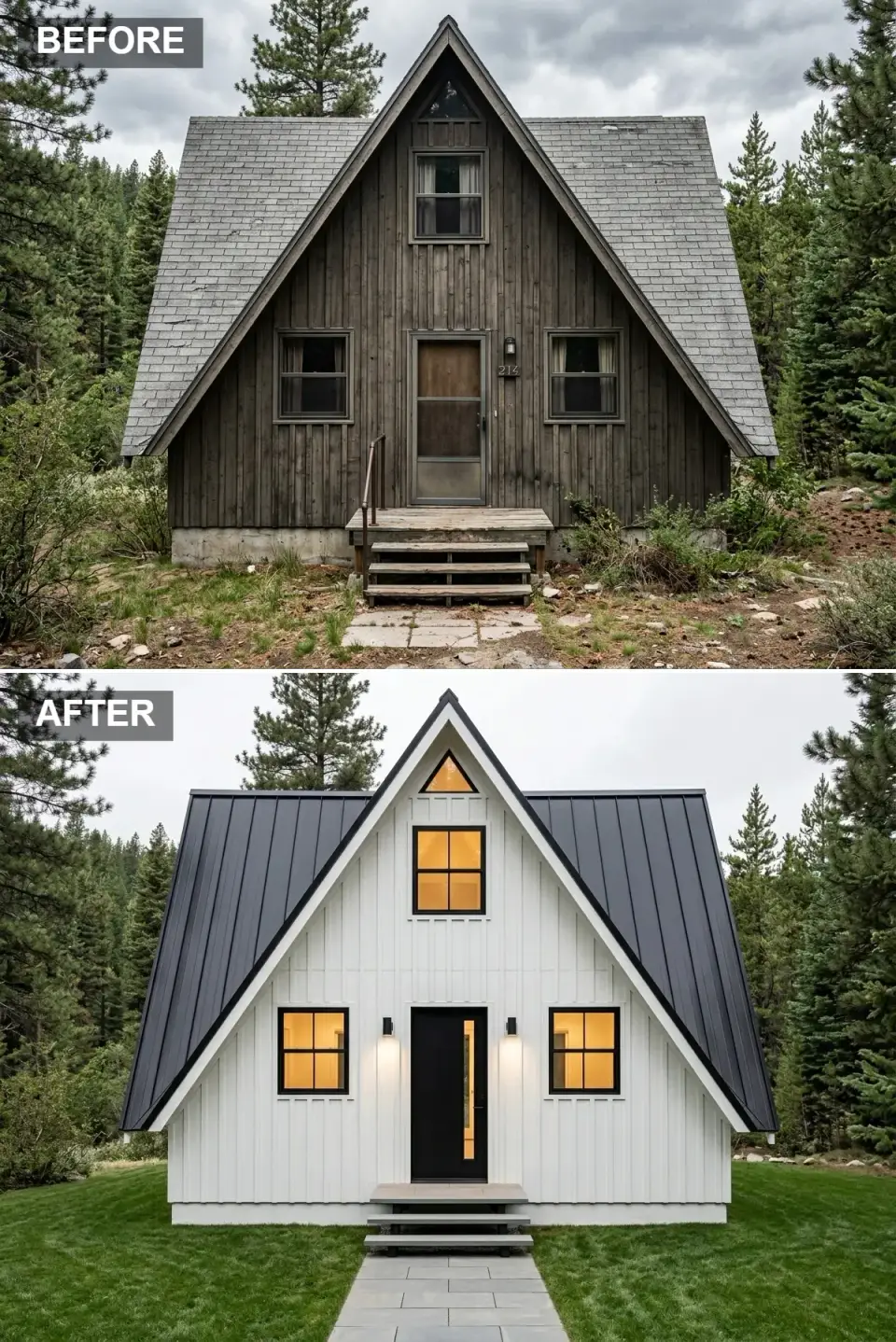 A-frame cabin in stark white board-and-batten cladding with dark standing-seam roof, black entry door with vertical glass slit, gray bluestone walkway, and a clipped lawn