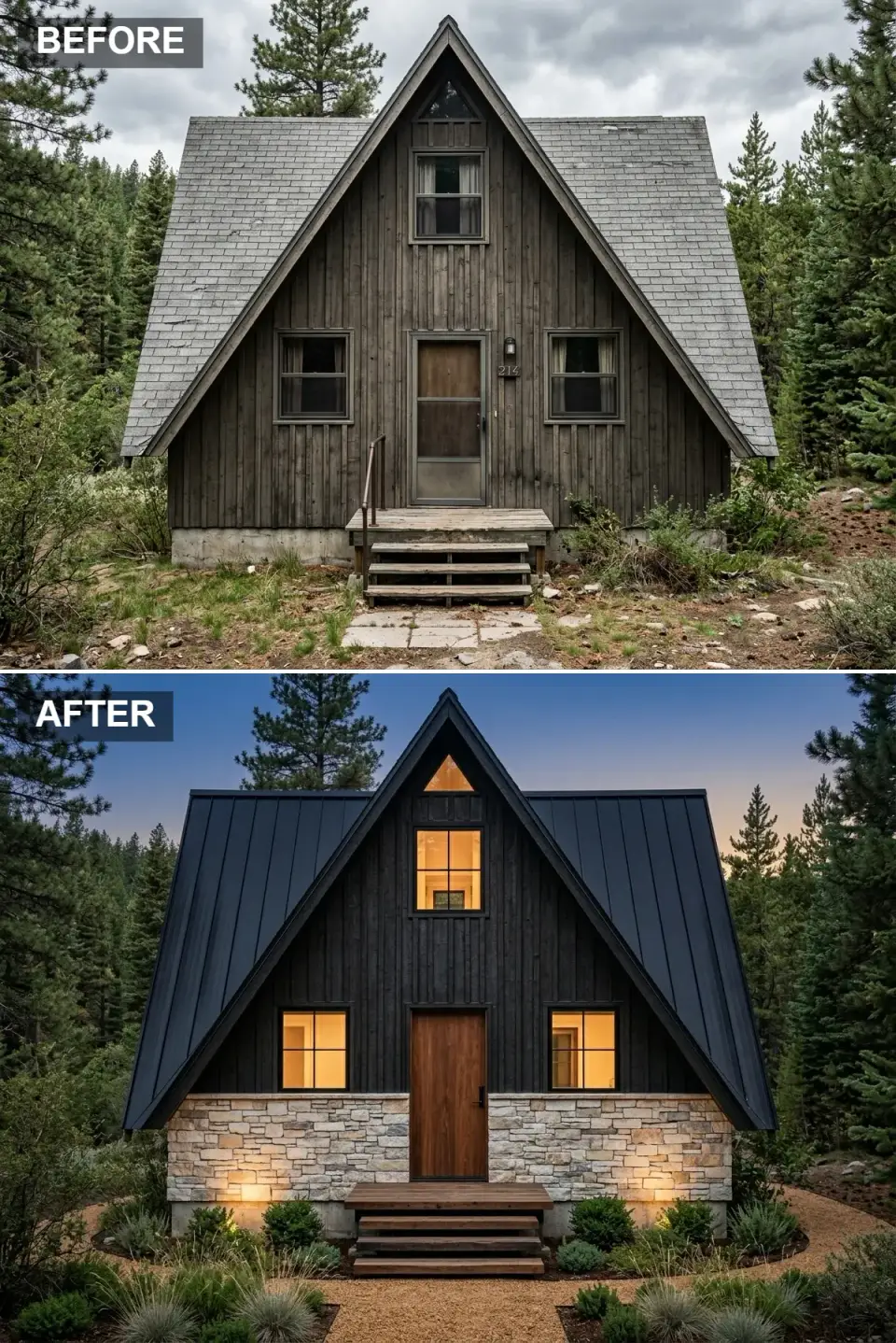 A-frame cabin exterior with espresso-stained cedar upper siding, dark metal standing-seam roof, light limestone wainscot wrapping the lower level, drought-tolerant native grasses, gravel pathway, and uplighting at the stone base