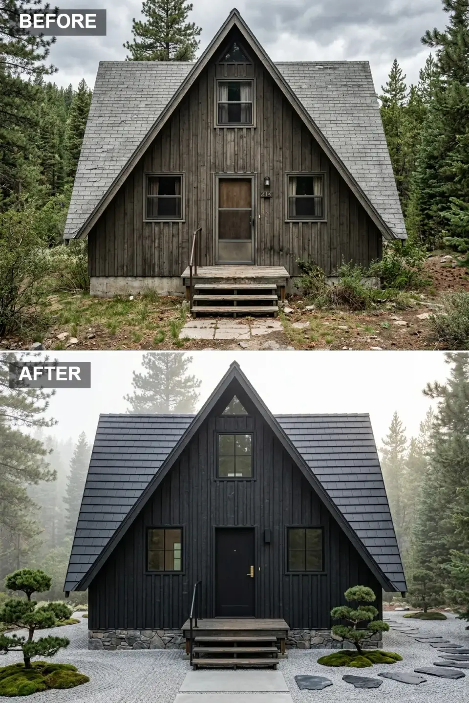 A-frame cabin painted ink-black with matching shingles, rugged stone foundation, raked gray gravel zen garden, sculpted moss mounds, cloud-pruned pines, and a single brass door handle as accent
