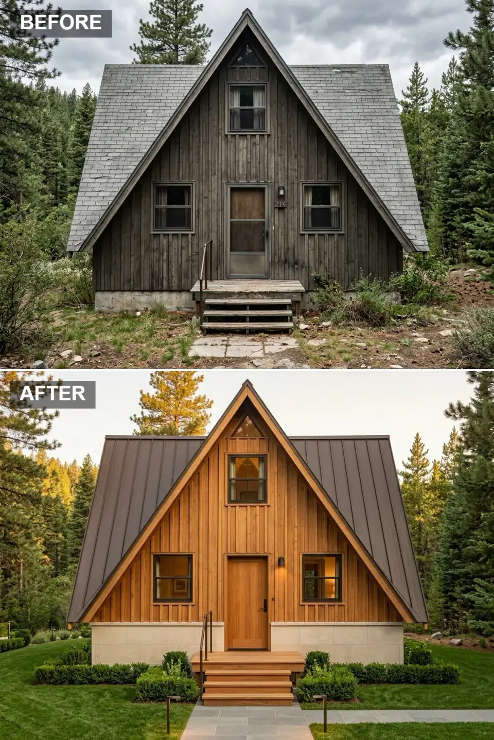 A-frame cabin exterior with clear-finish honey cedar vertical siding, deep brown standing-seam metal roof, light limestone foundation, symmetrical boxwood hedges, gray bluestone path, and slim black bollard lights