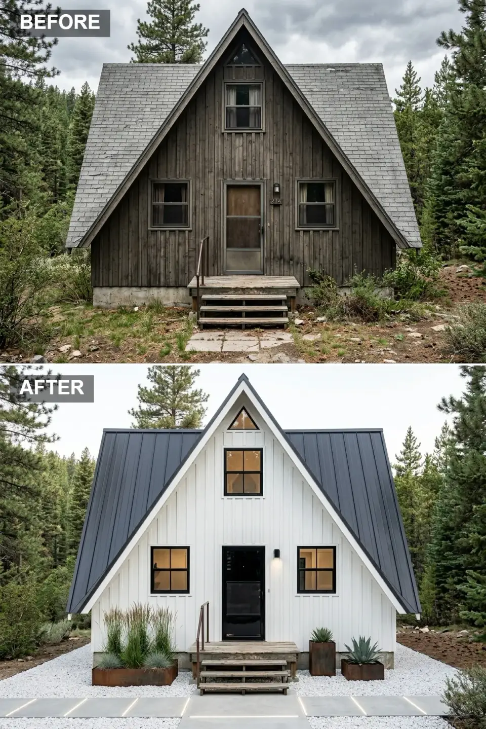 A-frame cabin in crisp white board-and-batten with dark metal roof, white gravel front yard, Corten steel planters with agave, illuminated concrete walkway with integrated LED strips, and weathered wood entry steps