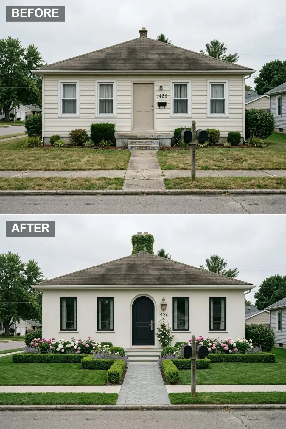 French cottage exterior makeover with ivory painted siding, an arched black entry door, black-framed windows, an ivy-clad chimney, and a formal garden of boxwood hydrangeas and lavender along a herringbone stone walkway