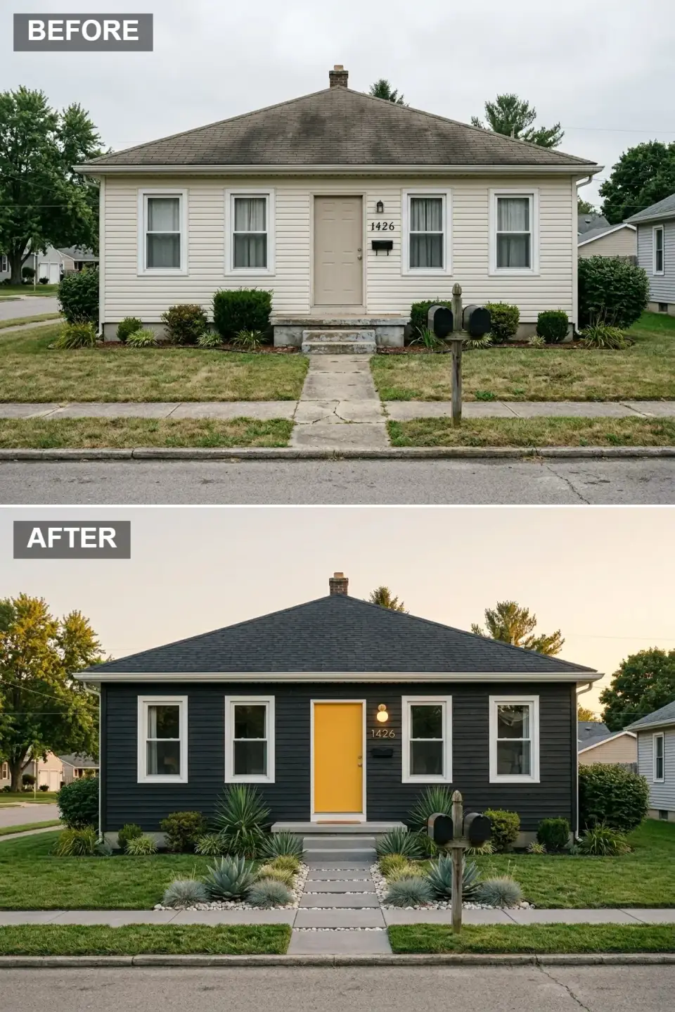 Bold modern cottage with deep charcoal siding, exaggerated bright white window trim, a vivid yellow front door, a modern globe sconce, and a xeriscape of spiky agave blue fescue and ornamental grasses bordered by white river rock