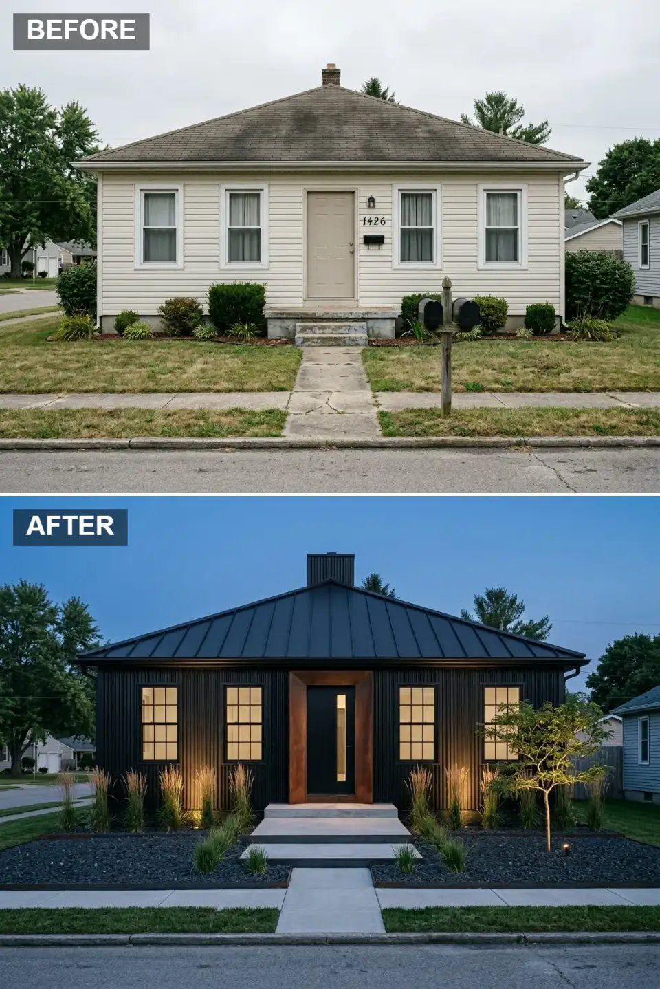 All-black sculptural home with vertical corrugated siding flowing into a standing-seam metal roof, a massive warm wood entry surround framing a black door with vertical glass sidelight, gridded windows glowing at dusk, black gravel beds, and floating concrete steps