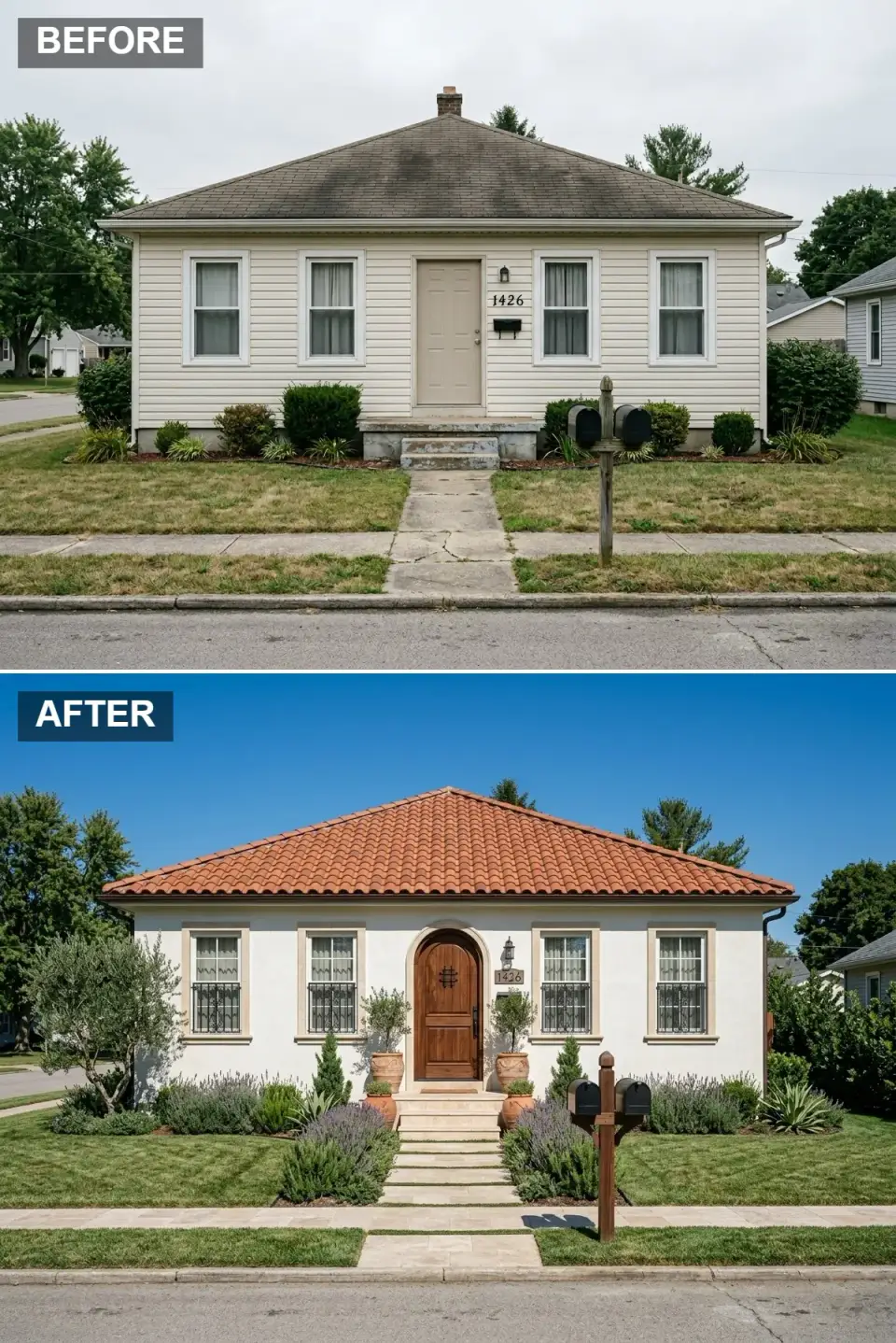 Spanish Colonial exterior with terracotta tile roof, smooth white stucco siding, wrought-iron window grilles with stone surrounds, an arched carved wood door, and drought-tolerant plantings of olive trees lavender and agave around a stone stoop