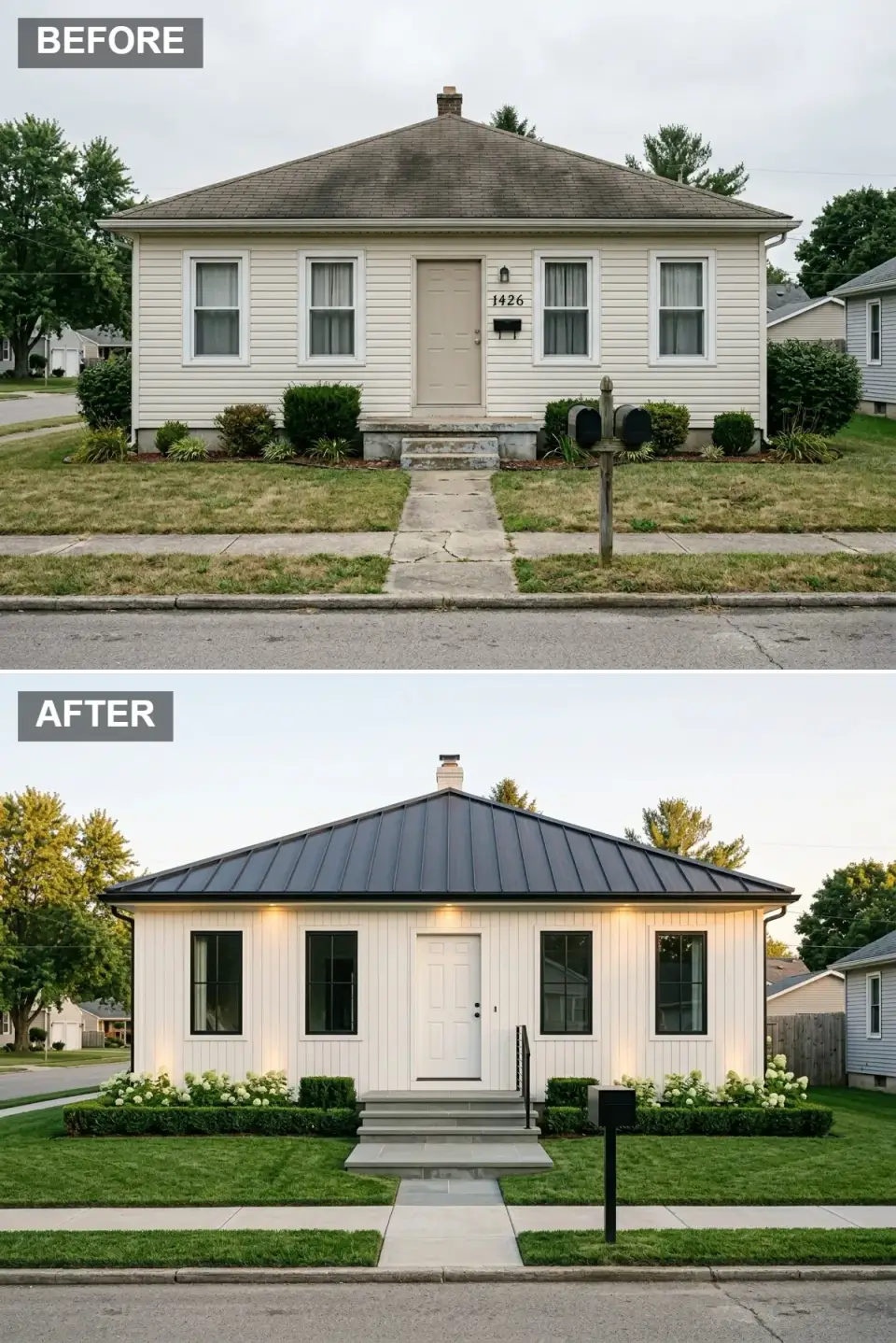 Modern farmhouse exterior with bright white vertical board-and-batten siding, black standing-seam metal roof, black-framed dark-glass windows, a white paneled door, subtle facade uplighting, and geometric boxwood hedges with white hydrangeas