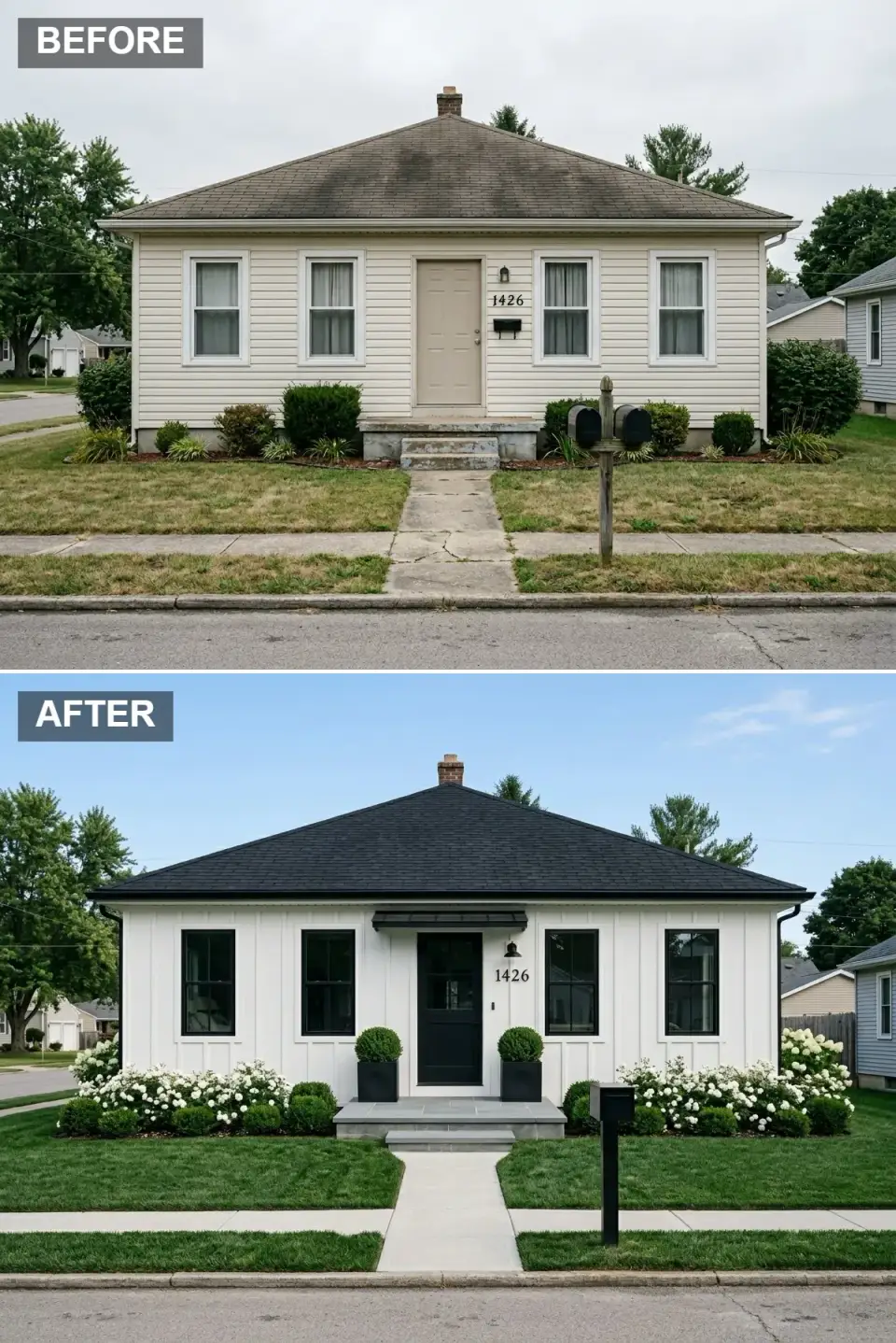 High-contrast black-and-white cottage with deep black shingle roof, clean white board-and-batten siding, black front door and window frames, a small black awning, and symmetrical white-flowering shrubs with clipped boxwood hedges