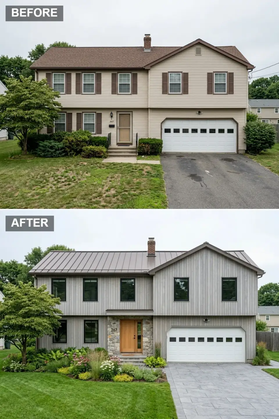 Scandinavian barn facelift Tudor exterior transformation with vertical weathered grey siding, bronze standing-seam metal roof, natural stone surround anchoring oak entry door with vertical sidelight, black-framed windows, large-format grey pavers replacing asphalt driveway, layered ferns grasses and blooming perennials