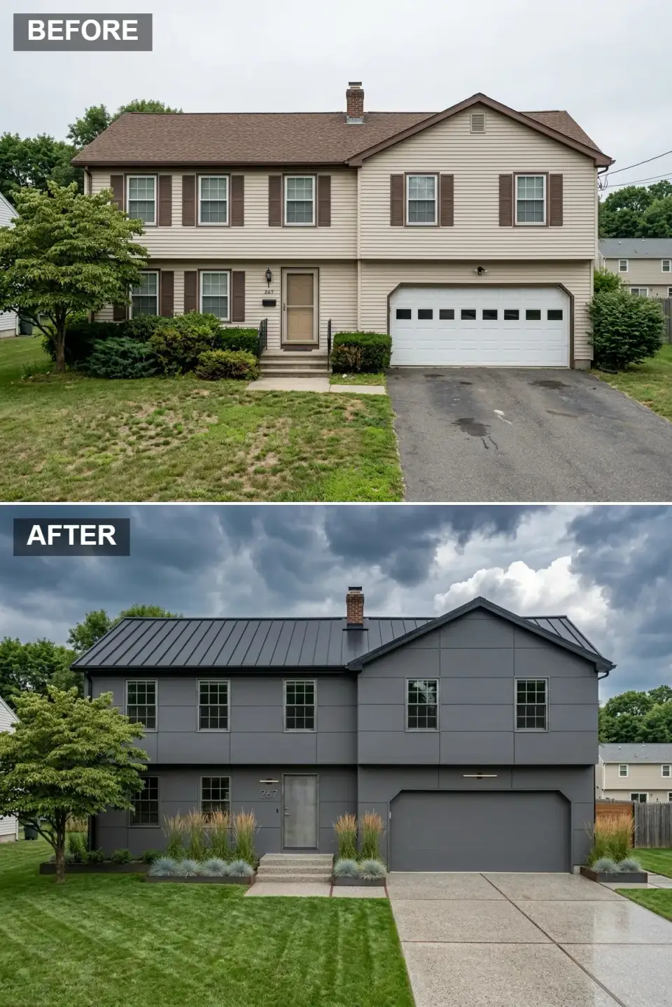 Industrial graphite Tudor exterior with large-format graphite panels giving facade a machined appearance, dark standing-seam metal roof with sharp angles, stainless steel front door, linear LED light bars above entry and garage, exposed aggregate concrete driveway with dark control joints, contemporary planters with tall grasses and blue fescue