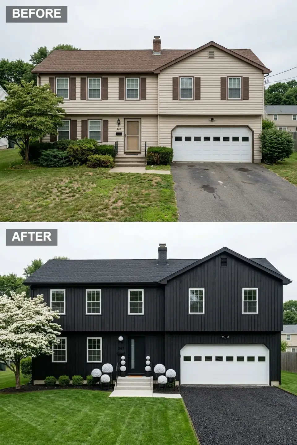 Noir cottage dramatic Tudor exterior with full black vertical siding and matching black shingle roof, crisp white window grids, bright white garage door focal point, symmetrical topiary spheres in black planters, white-flowering tree, charcoal gravel driveway with pale entry stair
