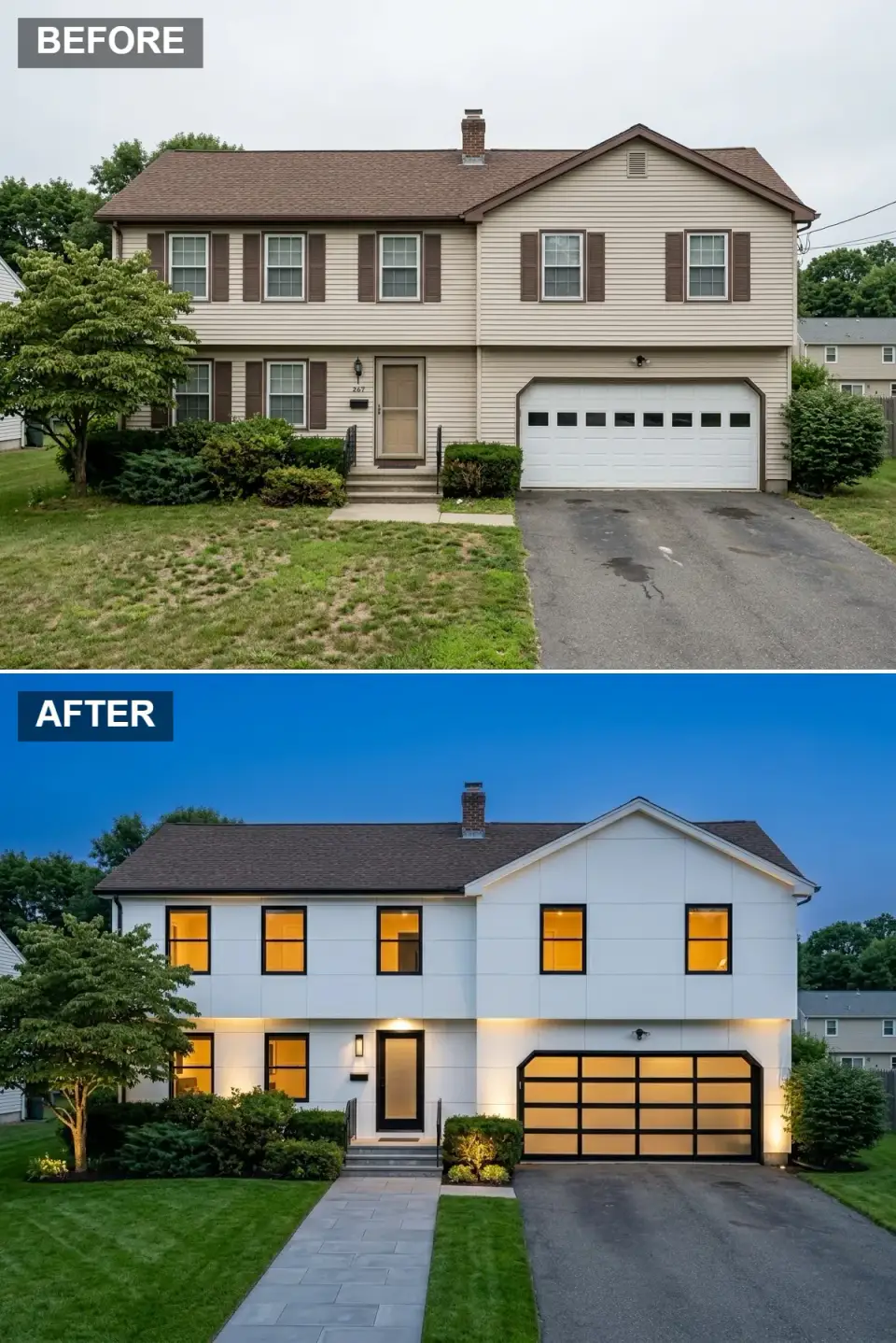 Luxe contemporary Tudor exterior after-dark transformation with smooth white cladding in large uninterrupted planes, black window frames, glass-paneled garage door, hidden soffit and directional uplighting, warm interior light radiating through glass garage panels, bluestone walkway, clipped evergreen shrubs