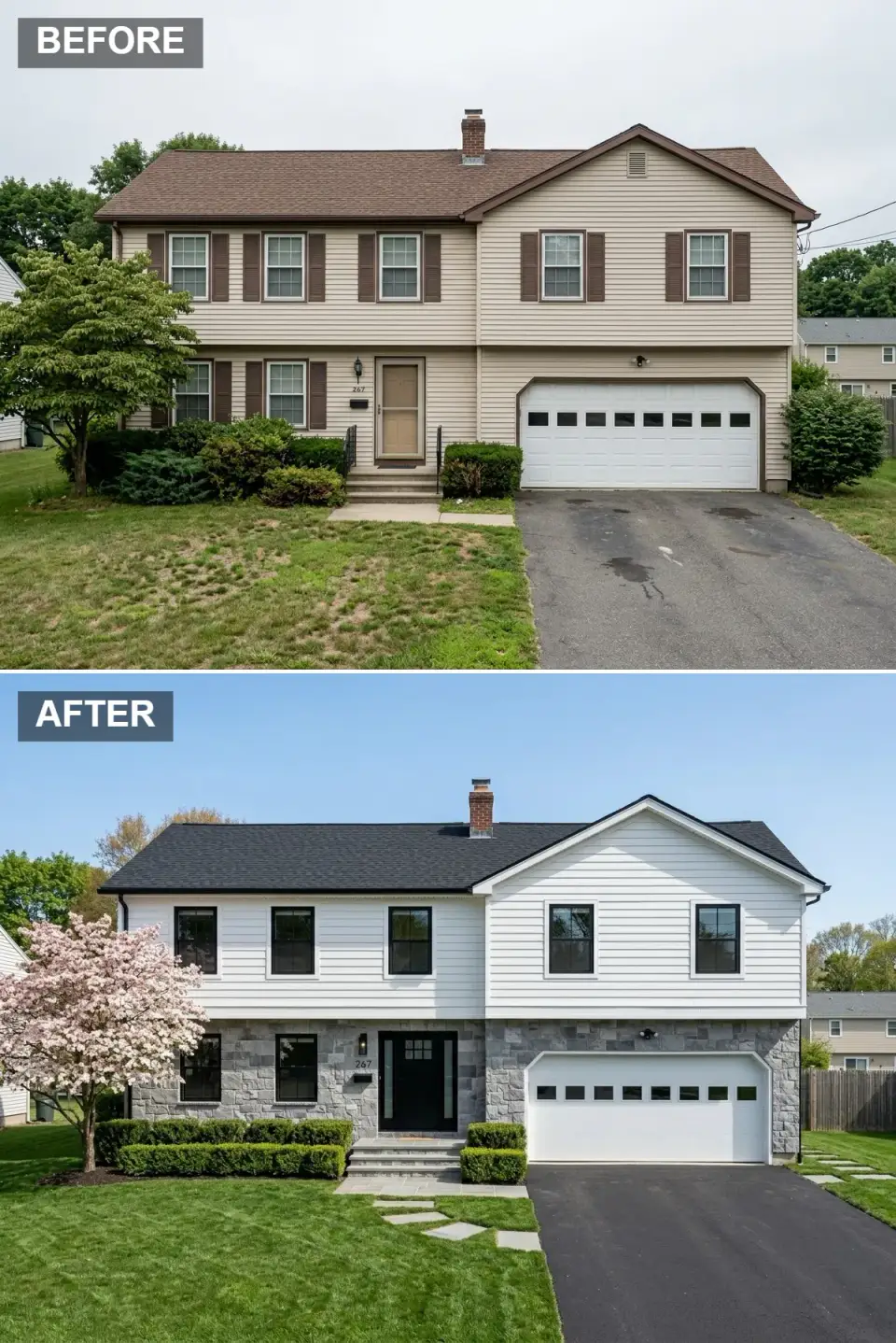 Classic stone and clapboard Tudor exterior transformation with crisp white clapboard upper level, grey fieldstone skirt on first floor, dark architectural shingle roof, black-trimmed windows and paneled black front door, blooming cherry tree, sheared boxwood hedges, embedded stepping stones, refreshed asphalt driveway