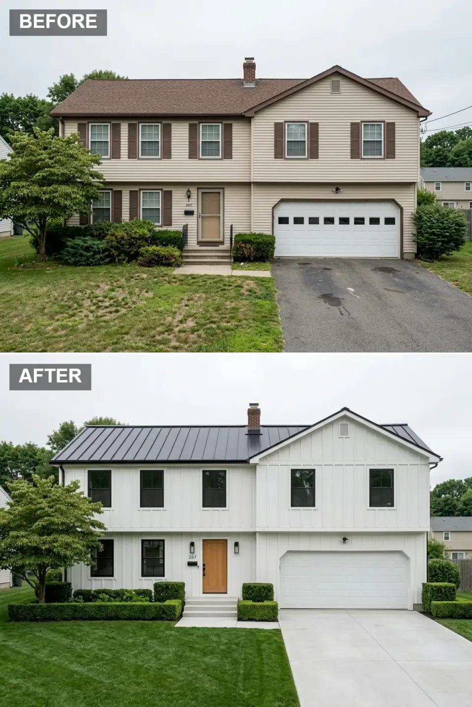 Modern farmhouse Tudor exterior transformation with vertical board-and-batten siding in luminous white, matte black standing-seam metal roof, warm oak front door flanked by minimalist black sconces, poured concrete driveway with subtle control joints, clipped boxwoods and low hedges framing entry steps