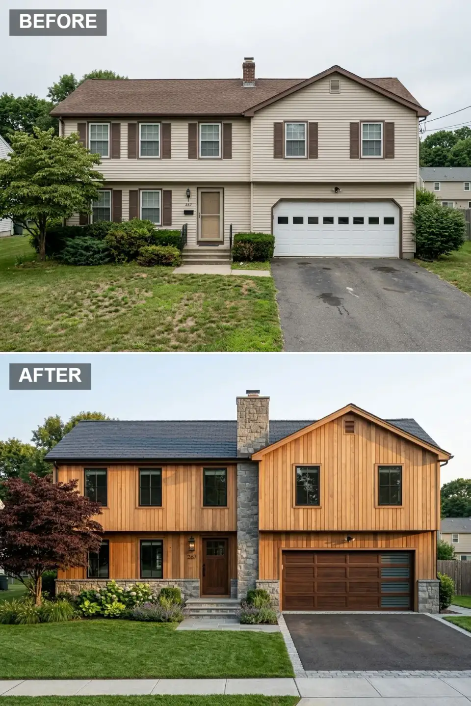 Warm wood and stone lodge Tudor exterior with vertical cedar siding, substantial stone chimney and foundation walls, dark slate roof, dark-stained front door, rich brown garage door with horizontal boarding, Japanese maple with burgundy contrast, layered hostas hydrangeas and grasses, cobblestone driveway border