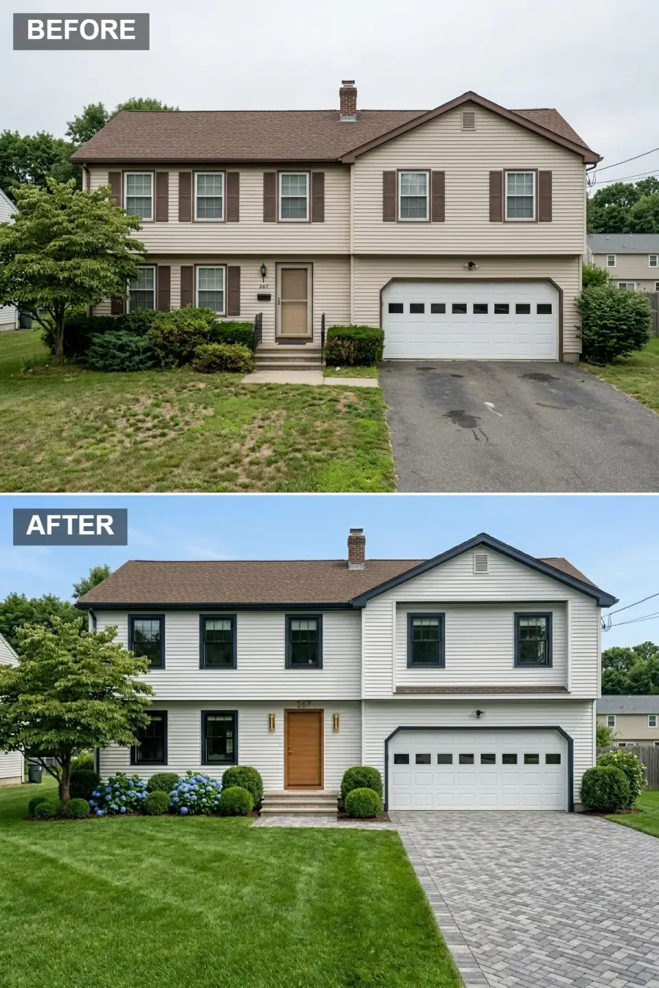 Tailored transitional Tudor exterior with white horizontal siding outlined in dark navy window trim and matching gutters, warm wood front door flanked by brass sconces, grey herringbone paver driveway, spherical boxwoods, vibrant blue hydrangeas, retained brown roof bridging old and new