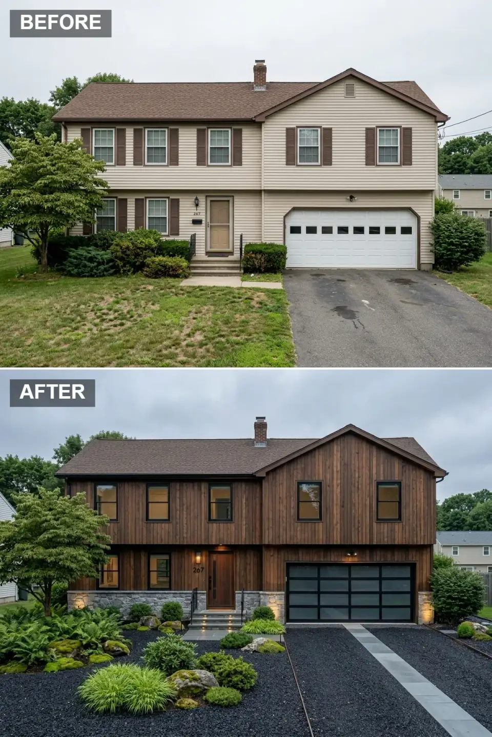 Dark woodland retreat Tudor exterior with dark stained vertical cedar siding, stacked stone base and chimney, matte black garage door with frosted glass panels, dark gravel drive edged with large bluestone pavers, shade-tolerant ferns moss and boulders, subtle stair lighting and stone uplighting